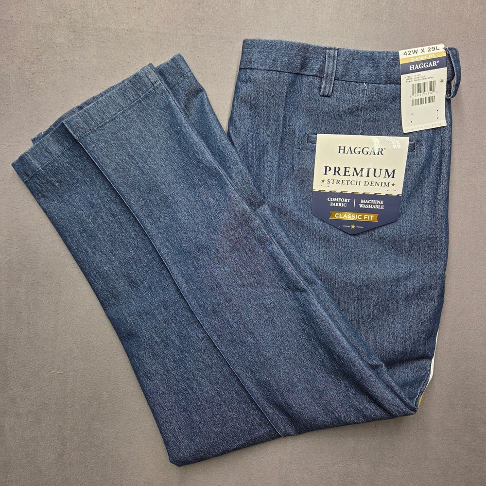 Haggar Men's 42x29 Premium Stretch Denim Classic Fit Pants Medium Blue HC00275